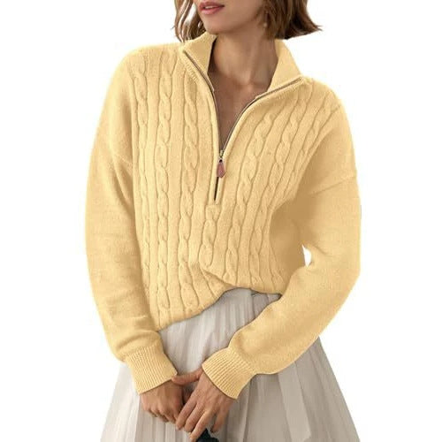 Women's Half-Zip Sweater with High Collar - Retro and Comfortable