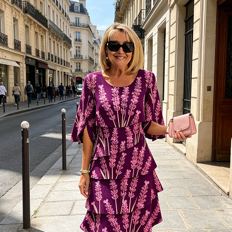 Mid-Length Women's Dress with Layered Ruffles and Split Sleeves in Lavender Print, view 4 - Elena Harper