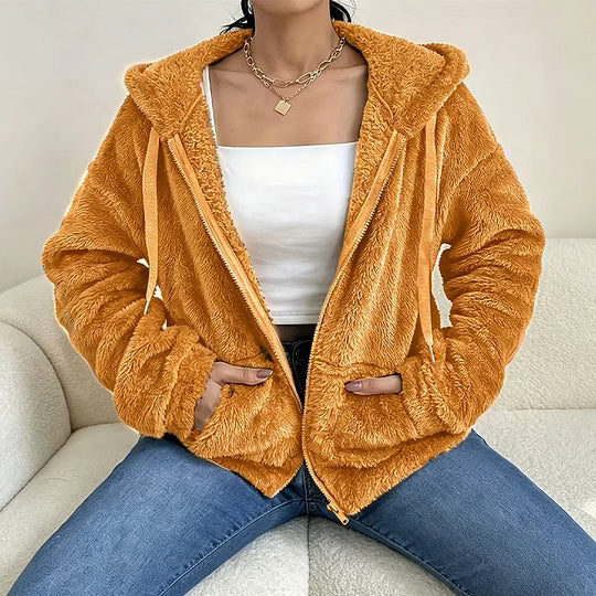 Women's Fleece Jacket with Hood and Zip Closure
