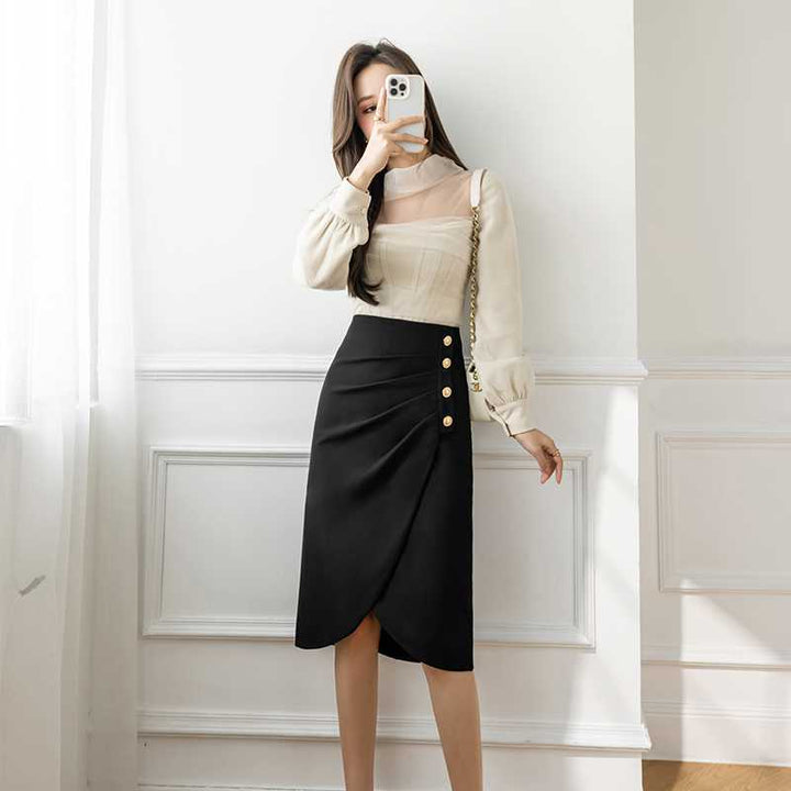 Pleated Midi Skirt with Slit and Fitted Waist