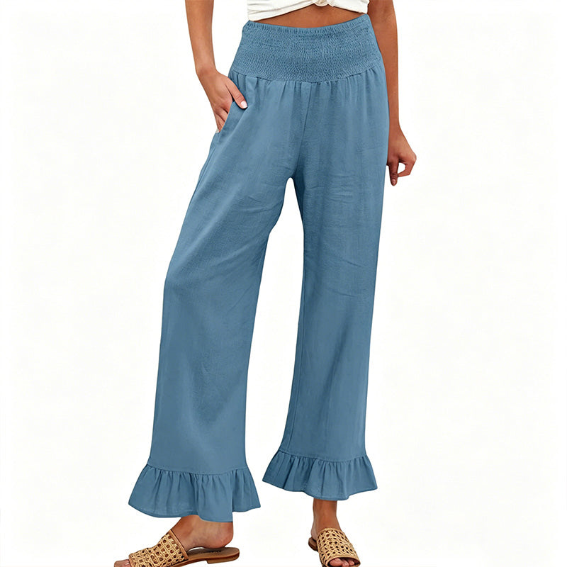 Wide Leg Women's Smocked Waist Cotton Linen Ruffled Bottom Boho Pants