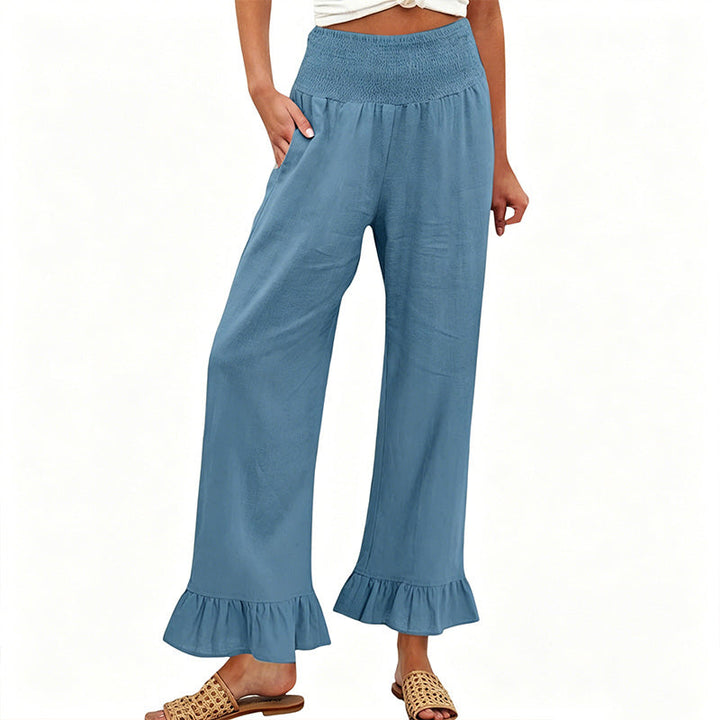 Wide Leg Women's Smocked Waist Cotton Linen Ruffled Bottom Boho Pants