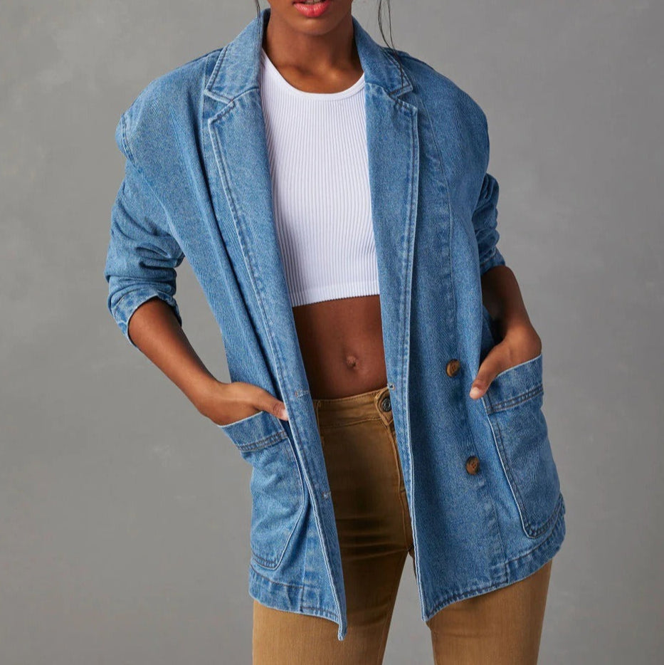 Women's Washed Denim Blazer Style Jacket - Yalina
