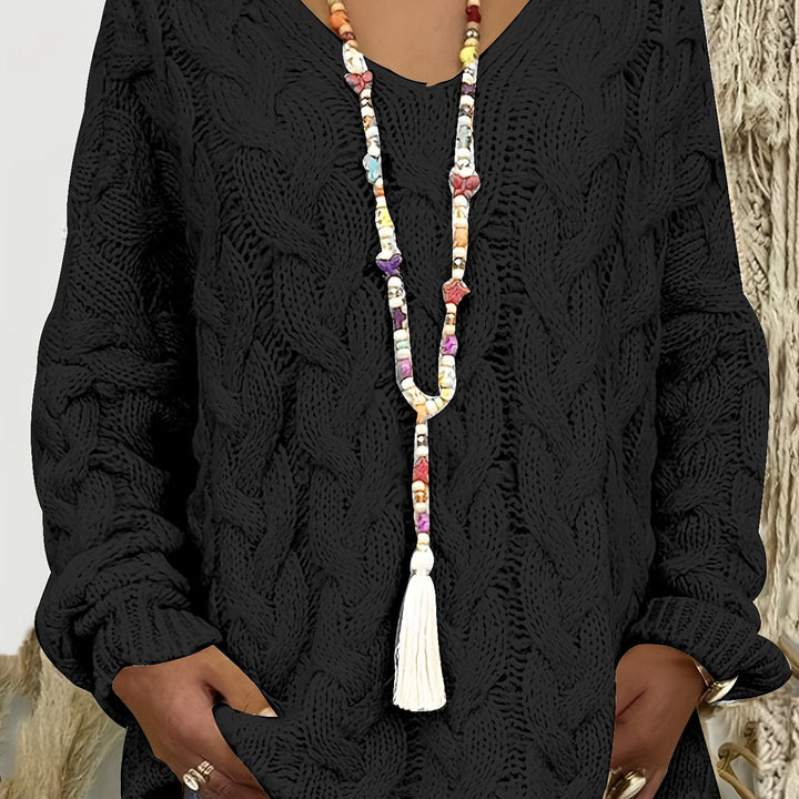 Ladies Cable Knit Sweater with V-Neck – Relaxed Fit Pullover