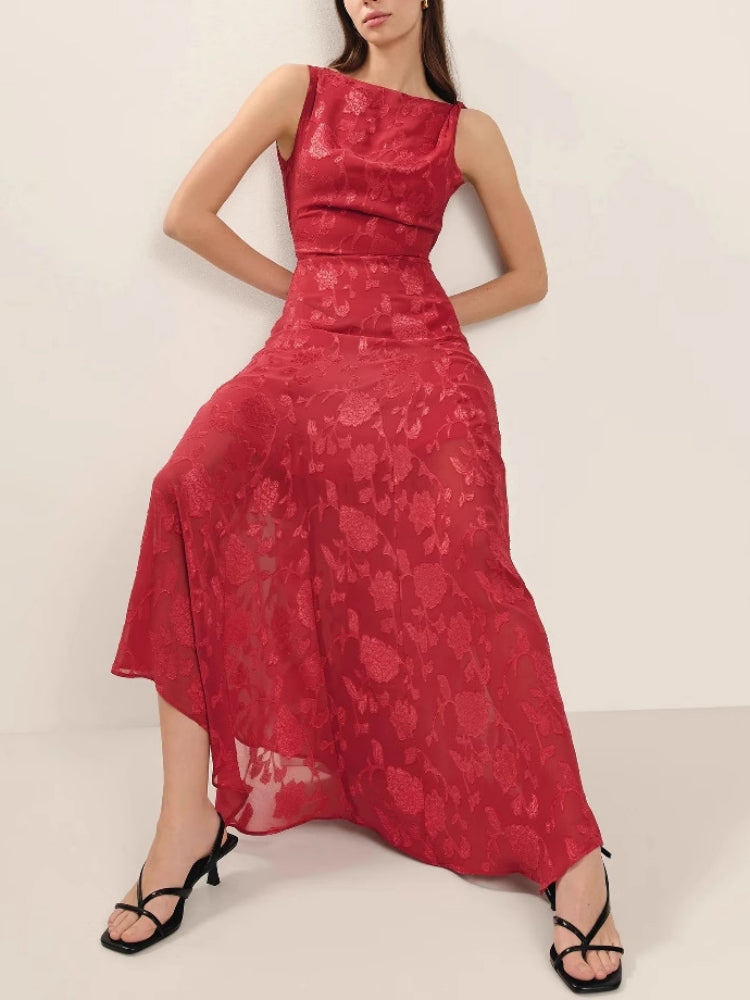 leeveless Lace Backless Jacquard High-Waist Maxi Dress