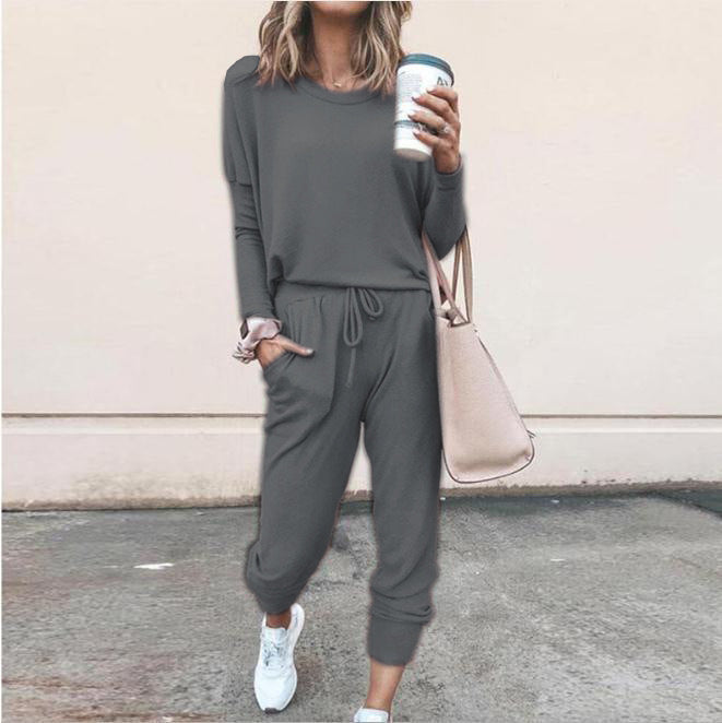 Casual Two-Piece Set for Women with Long Sleeves – Pullover Top and Drawstring Pants