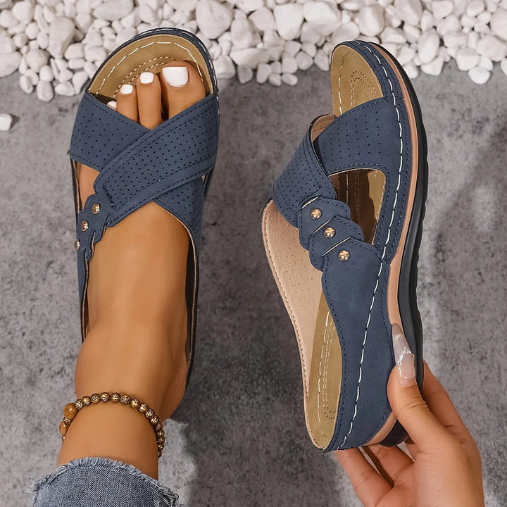 Vanesa Emma & Rose Cape Town comfortable wedge sandals with beige straps and chunky heel, perfect for casual summer wear.