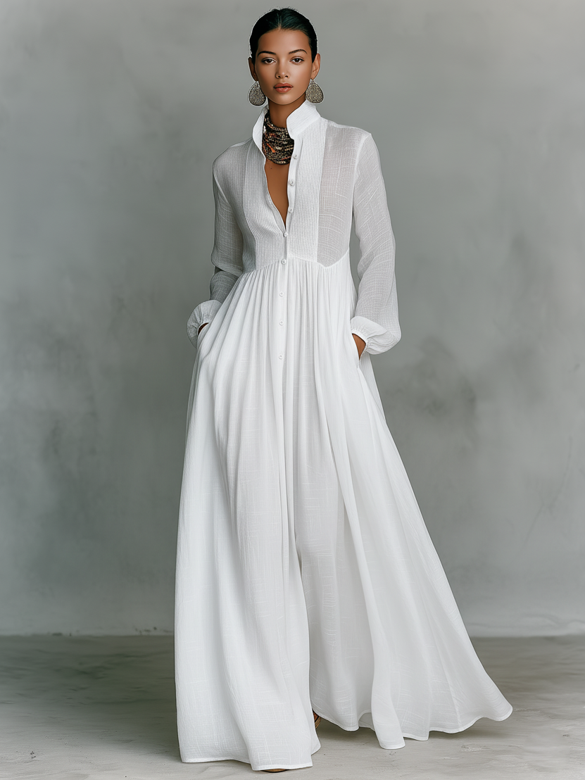 Kinsley - Minimalist Cotton And Linen Patchwork Single-breasted Stand-up Collar Long-sleeved Maxi Dress