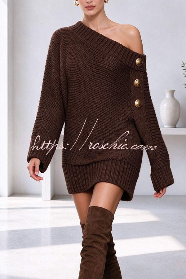 Ribbed Knit One Shoulder Button Detail Long Sleeve Relaxed Sweater Mini Dress