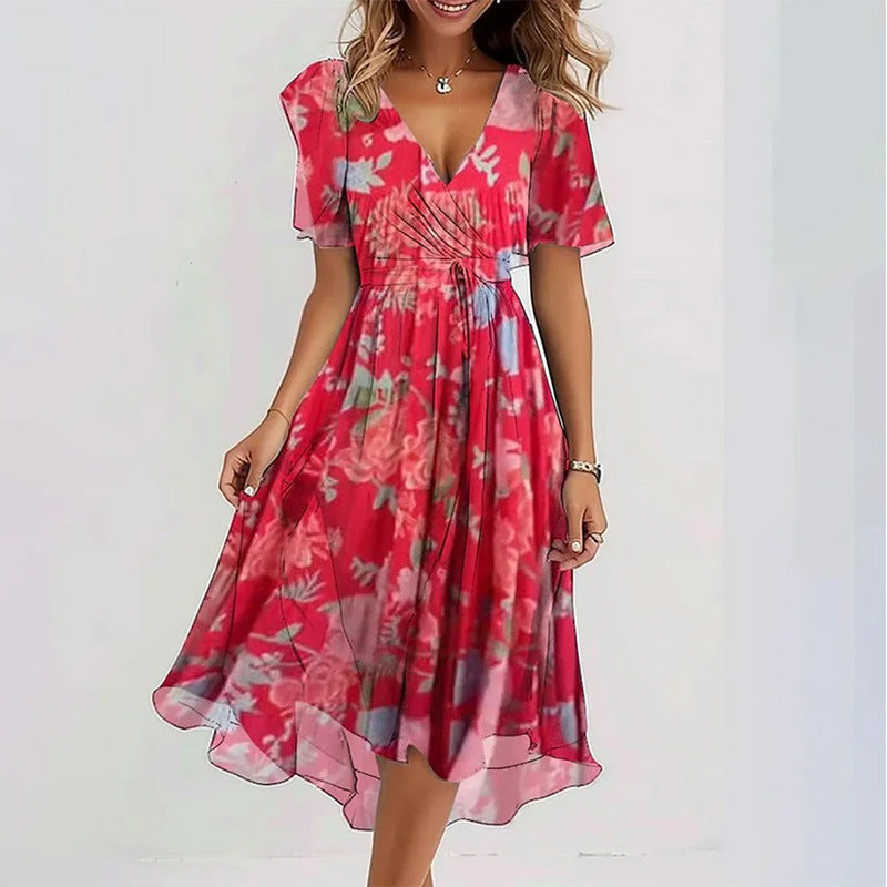 Women's Midi Floral Wrap Dress – A-Line Style with Short Sleeves