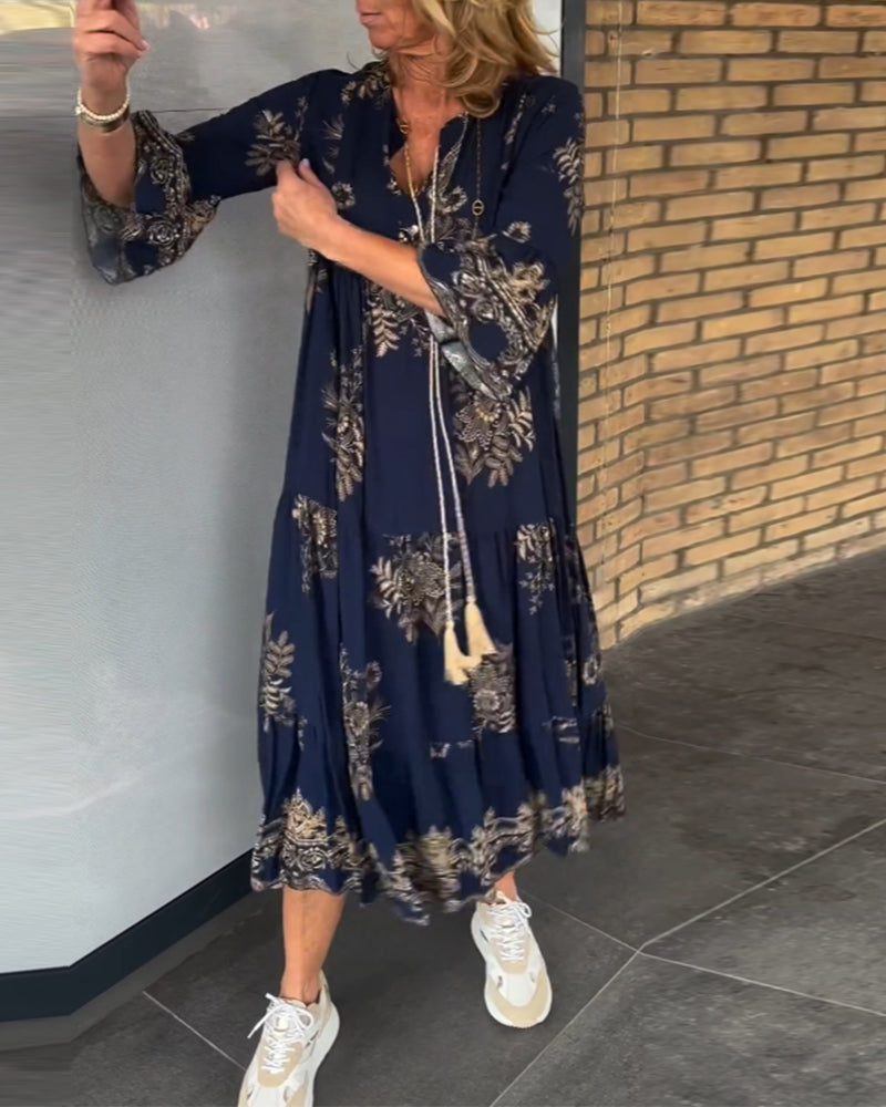 Nora Vintage Loose V-Neck Midi Dress - Elena Harper