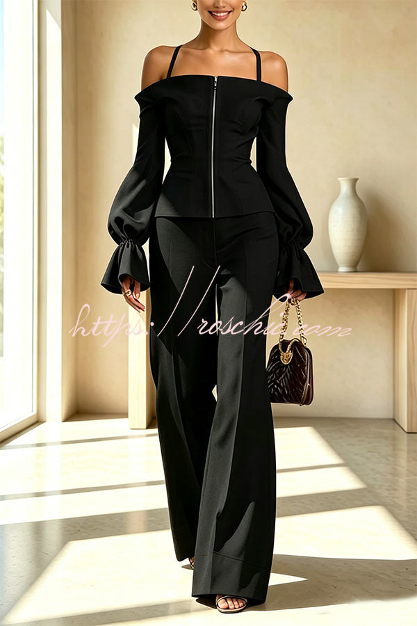 Professional and Elegant Zip Up Off Shoulder Long Sleeve Top and High Rise Flare Pants Set