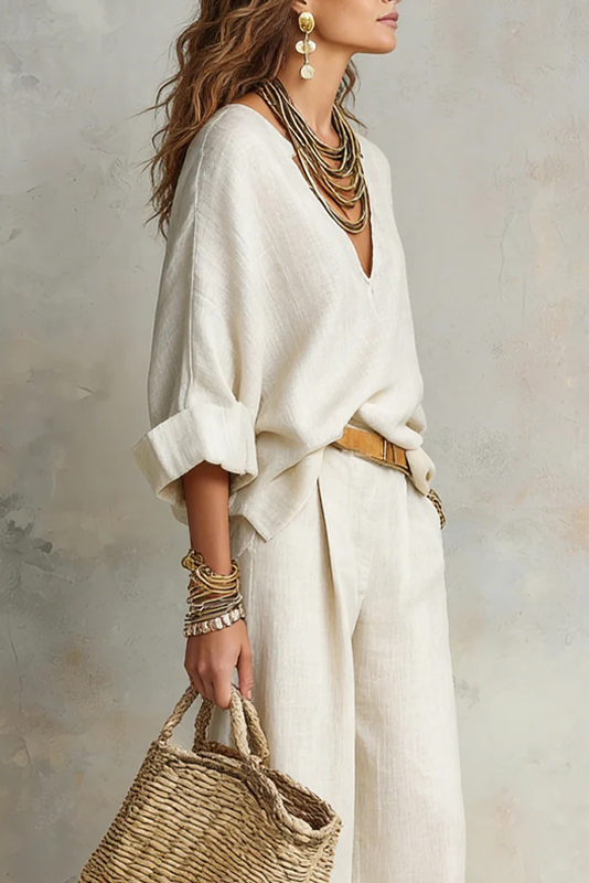 Fluid Women's Ensemble with V-Neck and Wide Pants