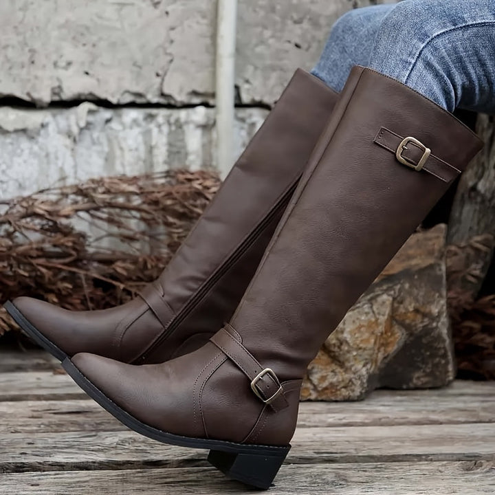 Alicia Elegant Knee-High Boots in Leather Look with Double Buckles, view 2 - Elena Harper