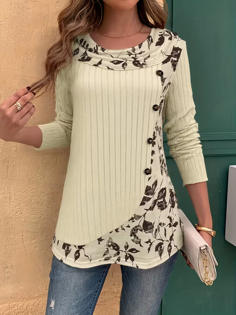 Lucynda Ribbed Long Sleeve Top with Print and Button Details, view 8 - Elena Harper