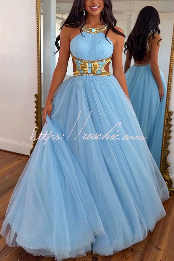 Egyptian Princess Tulle Metal and Gemstone Ornament Cutout Halter Backless Maxi Dress
