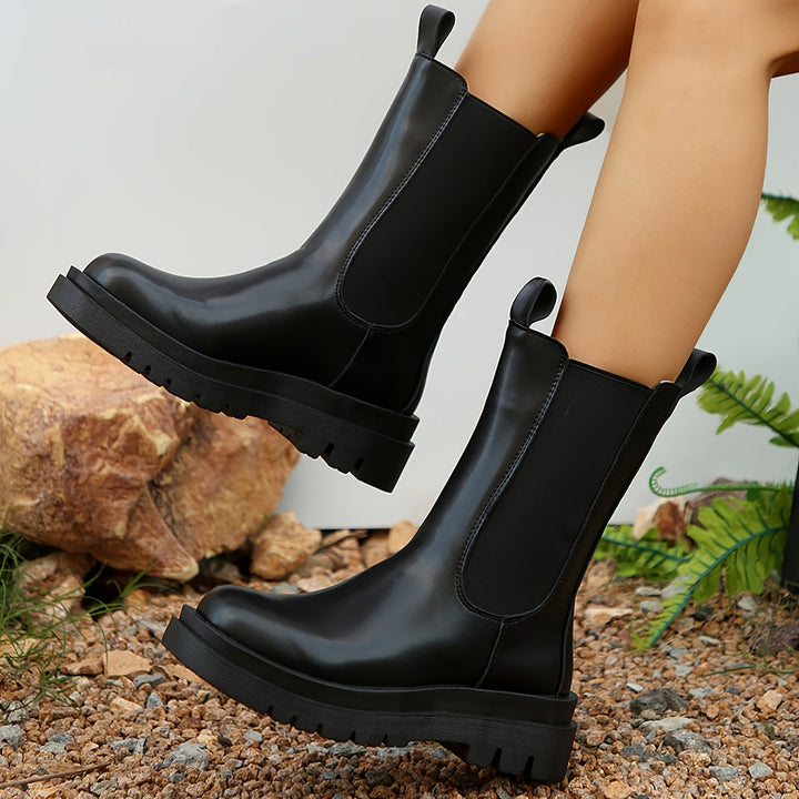 Chic Black Knee-High Boots Slim Fit Chunky Heel Long Riding Boots Elastic Closure - Elena Harper