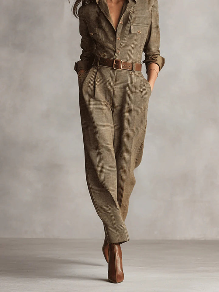 Alessia - Brown Tweed Utility Jumpsuit with Refined Pattern