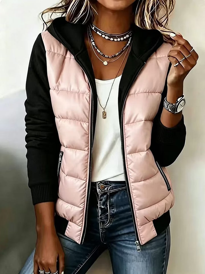 Women's Quilted Jacket with Hood and Contrast Sleeves