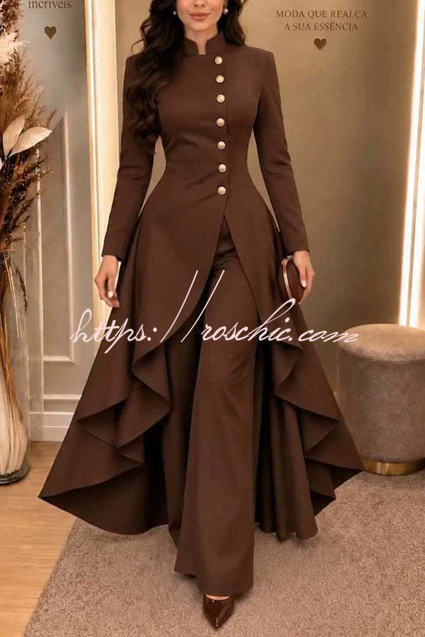 Jemma Stand Neck Long Sleeve Button High Low Hem Top and Wide Leg Pants Set (Shipped Within 24 Hours)
