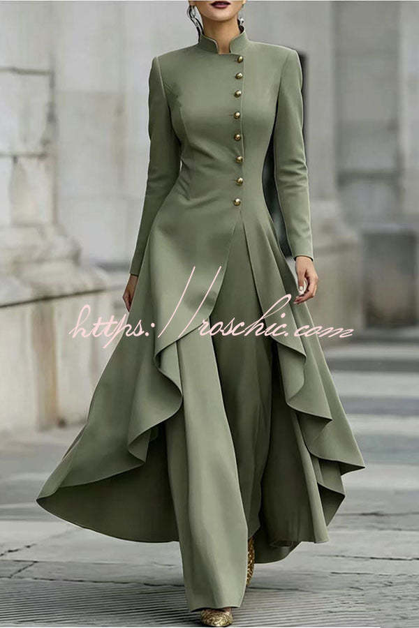 Jemma Stand Neck Long Sleeve Button High Low Hem Top and Wide Leg Pants Set (Shipped Within 24 Hours)