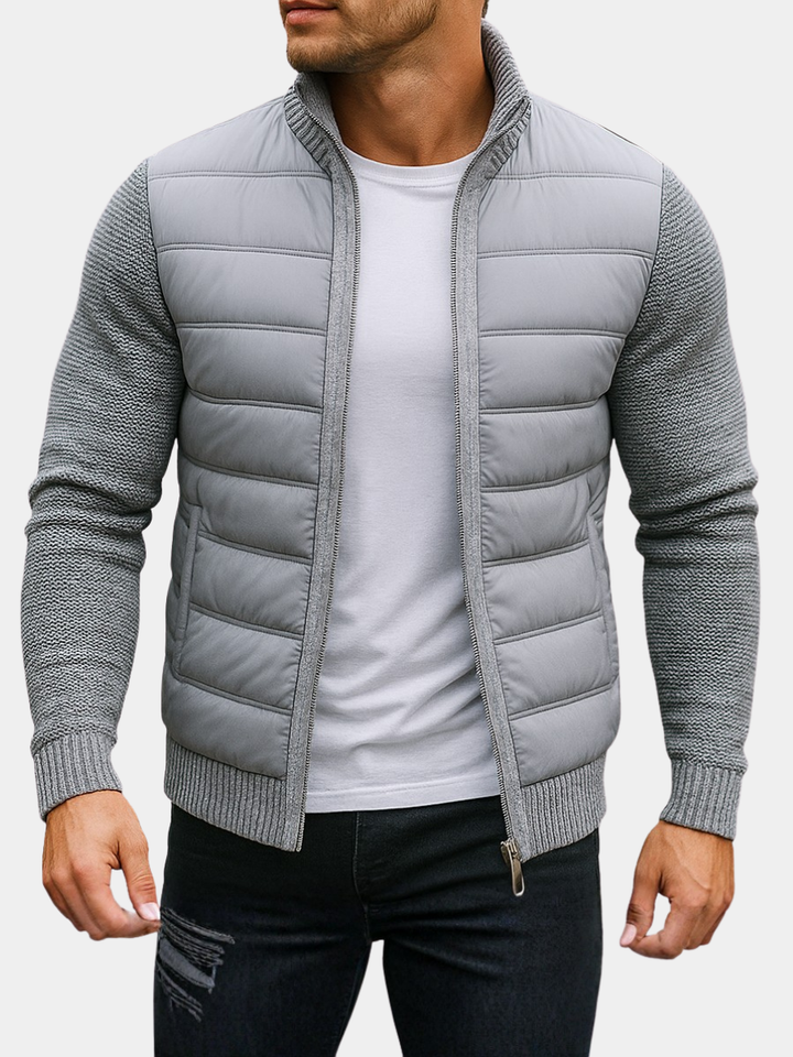 Men's Quilted Jacket with Knit Sleeves and High Collar