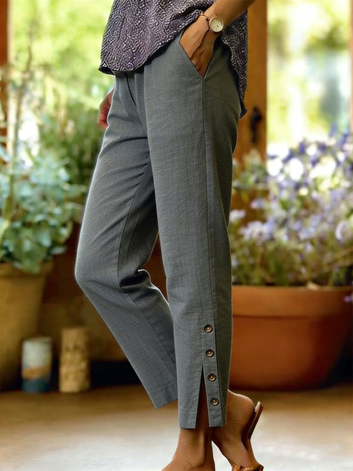 Women's Cotton Linen Casual Fit Elegant Button Slit Pants