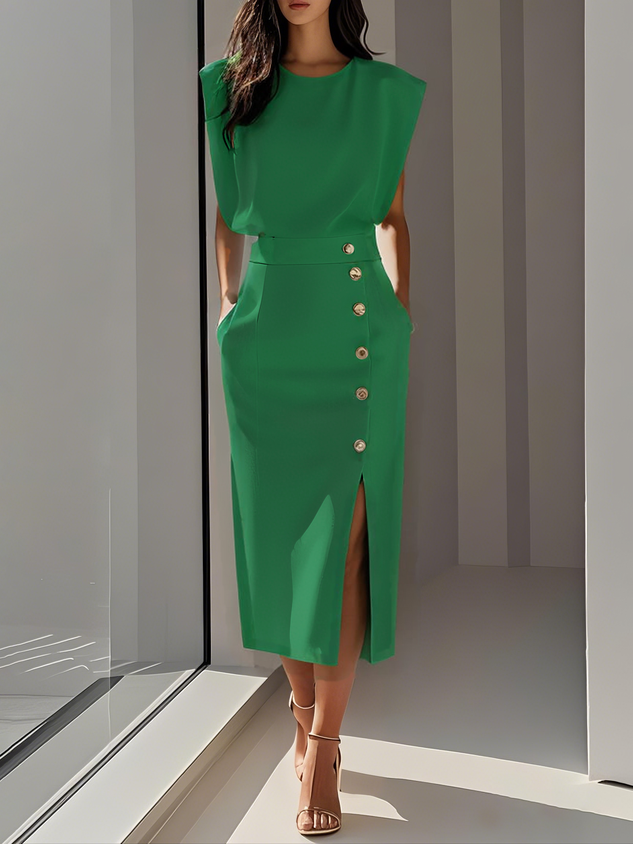 Emma | Ladies Button Detail Sleeveless Midi Dress