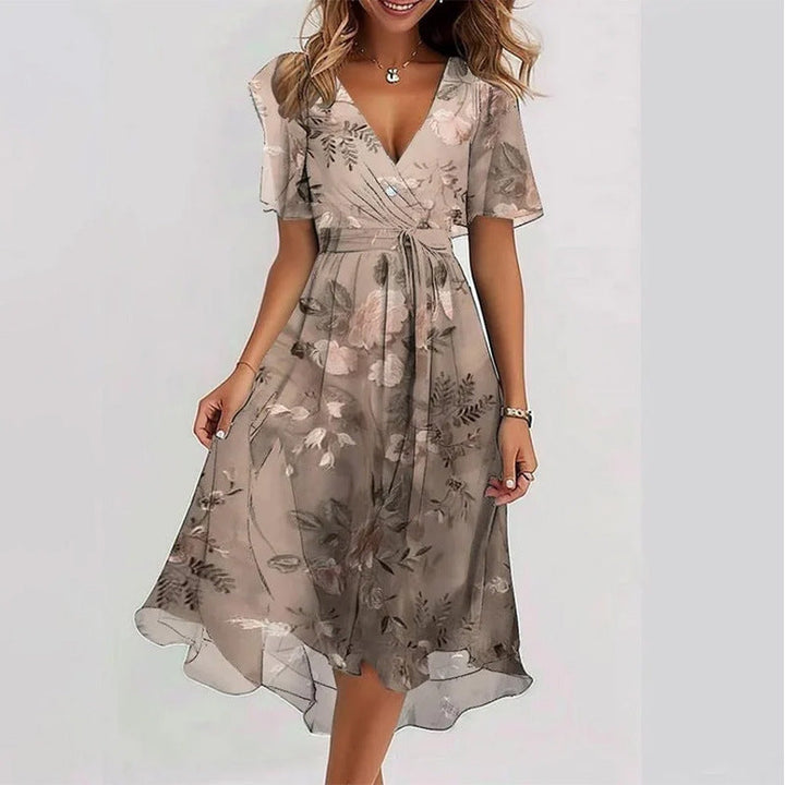 Women's Midi Floral Wrap Dress – A-Line Style with Short Sleeves