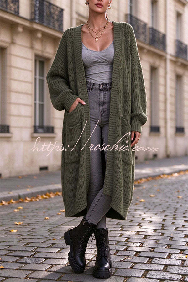 Trendy Thick Knit Open Front Long Sleeve Pocket Oversized Midi Cardigan
