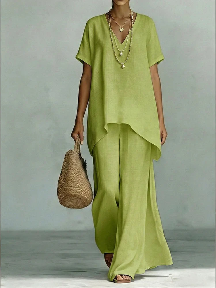 Classic Casual Short-sleeved Linen And Cotton Top And Wide-leg Pants Two-piece Set, view 3 - Elena Harper