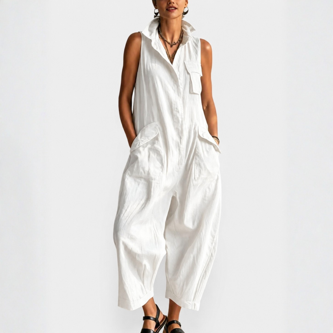 Women's Sleeveless Utility Style Jumpsuit with Structured Collar