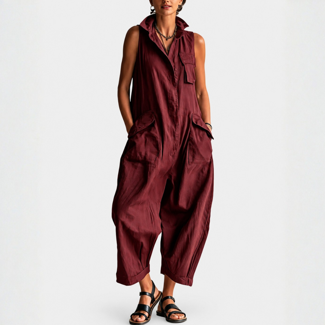 Women's Sleeveless Utility Style Jumpsuit with Structured Collar