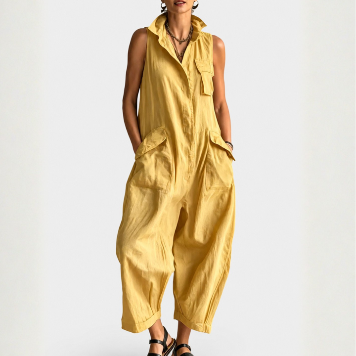 Women's Sleeveless Utility Style Jumpsuit with Structured Collar