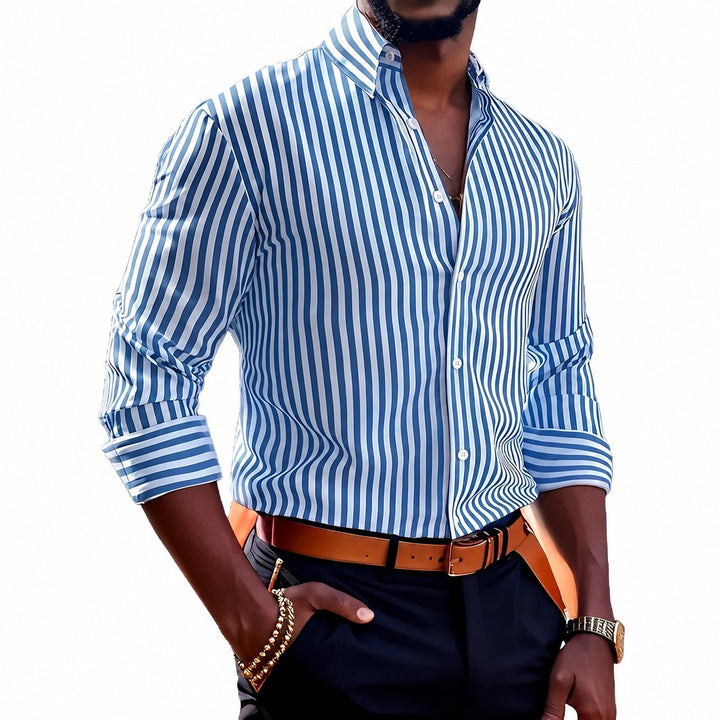 Brycen Stylish Striped Men's Long Sleeve Shirt, view 4 - Elena Harper