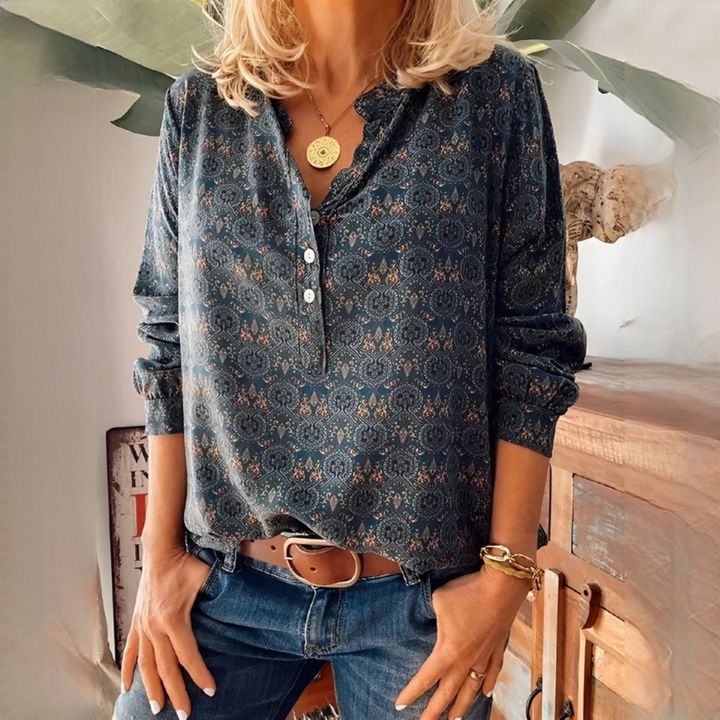 Bethany Classic patterned blouse with long sleeves, view 3 - Elena Harper