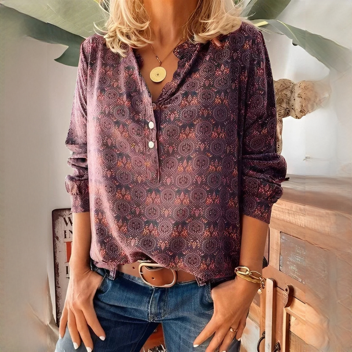Bethany Classic patterned blouse with long sleeves, view 2 - Elena Harper