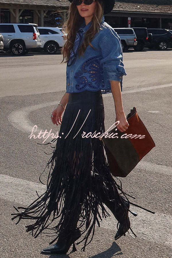 Evie Faux Leather High Rise Three-layer Tassels Stretch Maxi Skirt