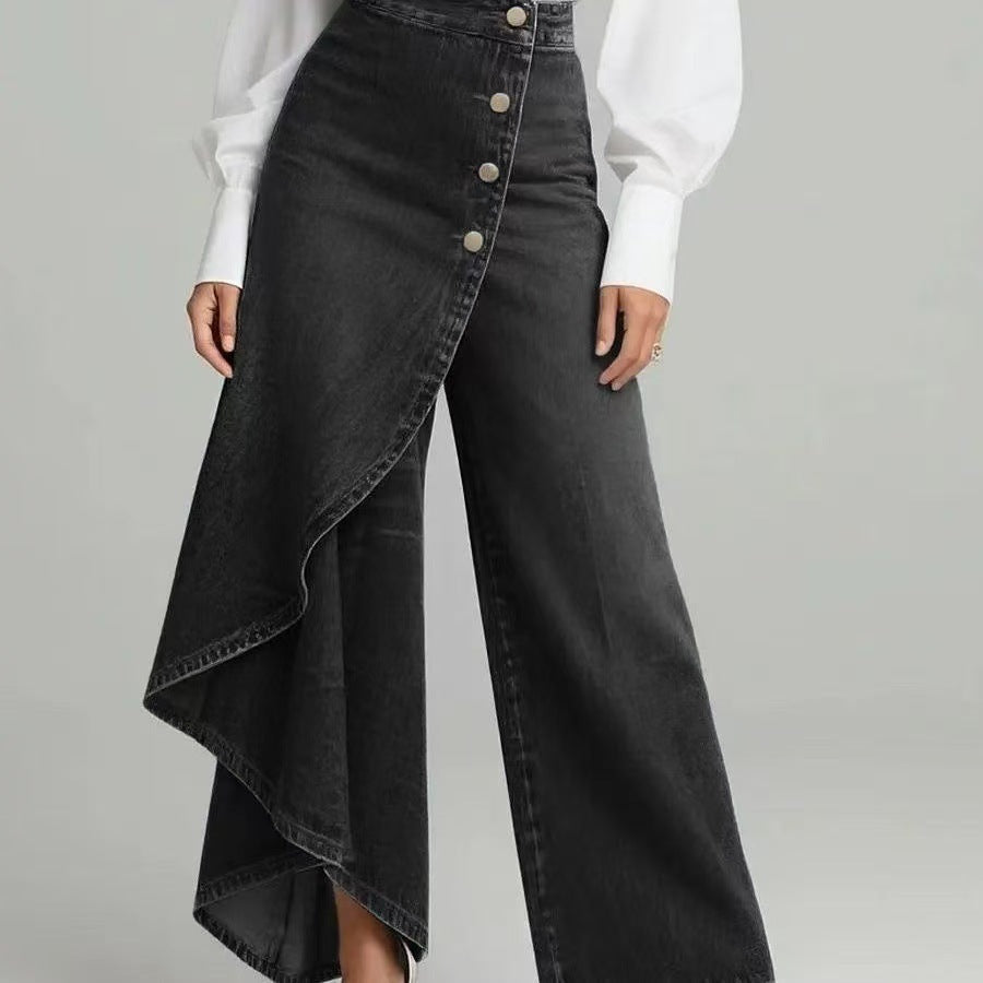Gonna-Pants for Women in Washed Denim with Button Closure, view 3 - Elena Harper