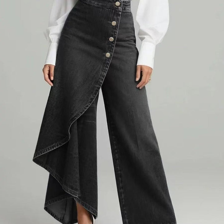 Gonna-Pants for Women in Washed Denim with Button Closure, view 3 - Elena Harper