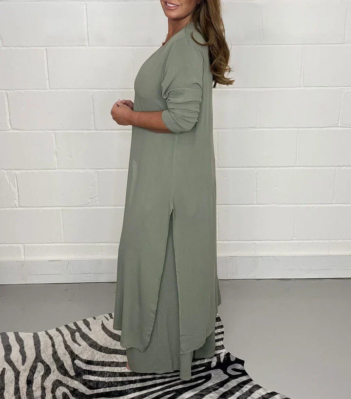 Women's Long Sleeve V-Neck Slit Top & Pants Set Relaxed Fit, view 2 - Elena Harper