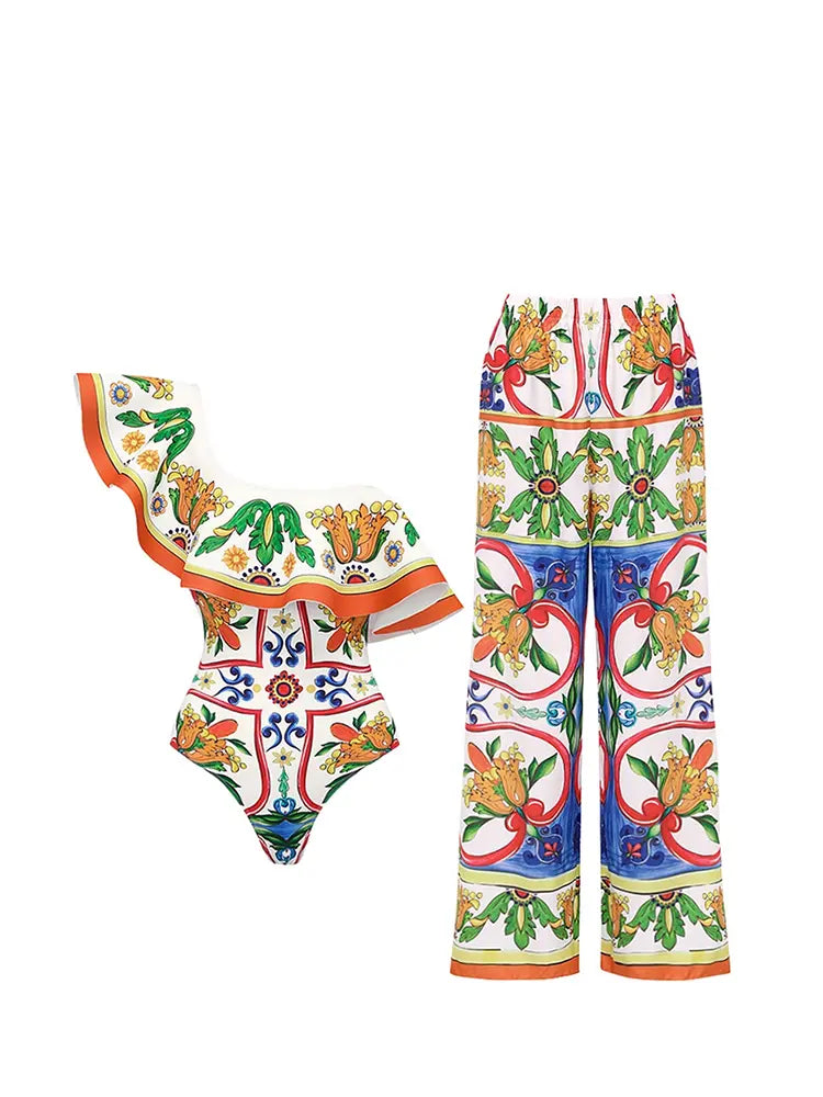 One Shoulder Enamel Print Swimsuit Set, view 5 - Elena Harper