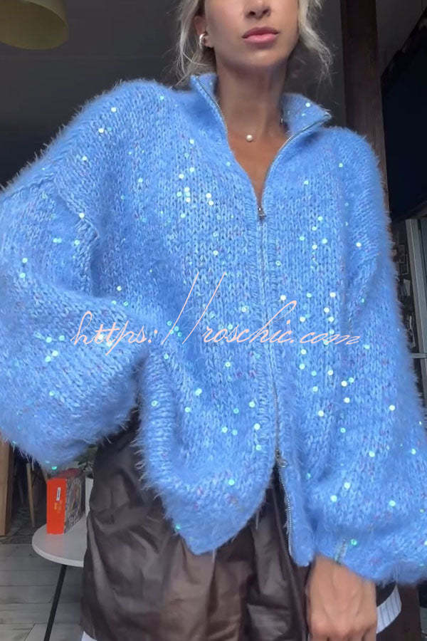 Relaxed Sequin Mohair-blend Knit High Neck Zipper Balloon Sleeve Cardigan, view 2 - Elena Harper