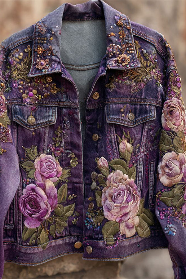 Unique Printed Lapel Long-sleeved Personalized Denim Jacket