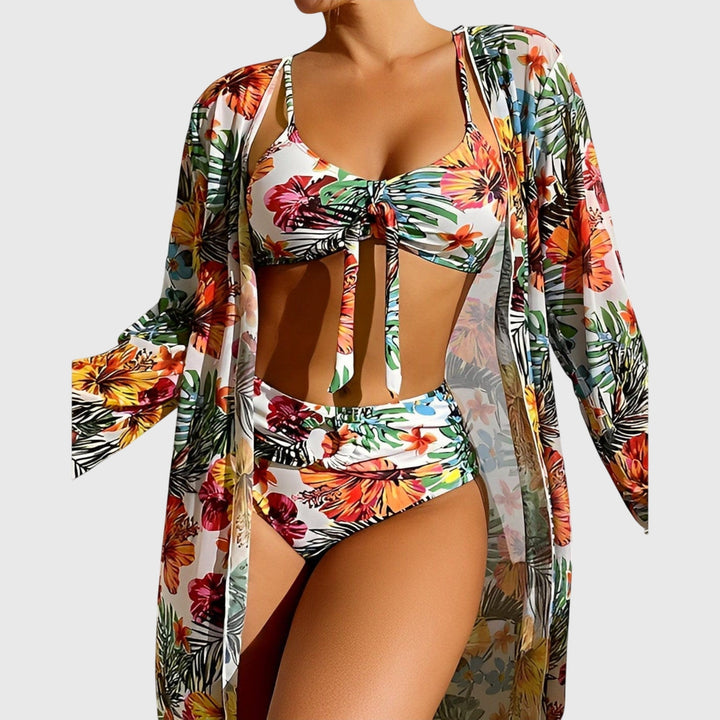 Three-Piece Women's Bikini Tropical Print Knotted Top Matching Kimono