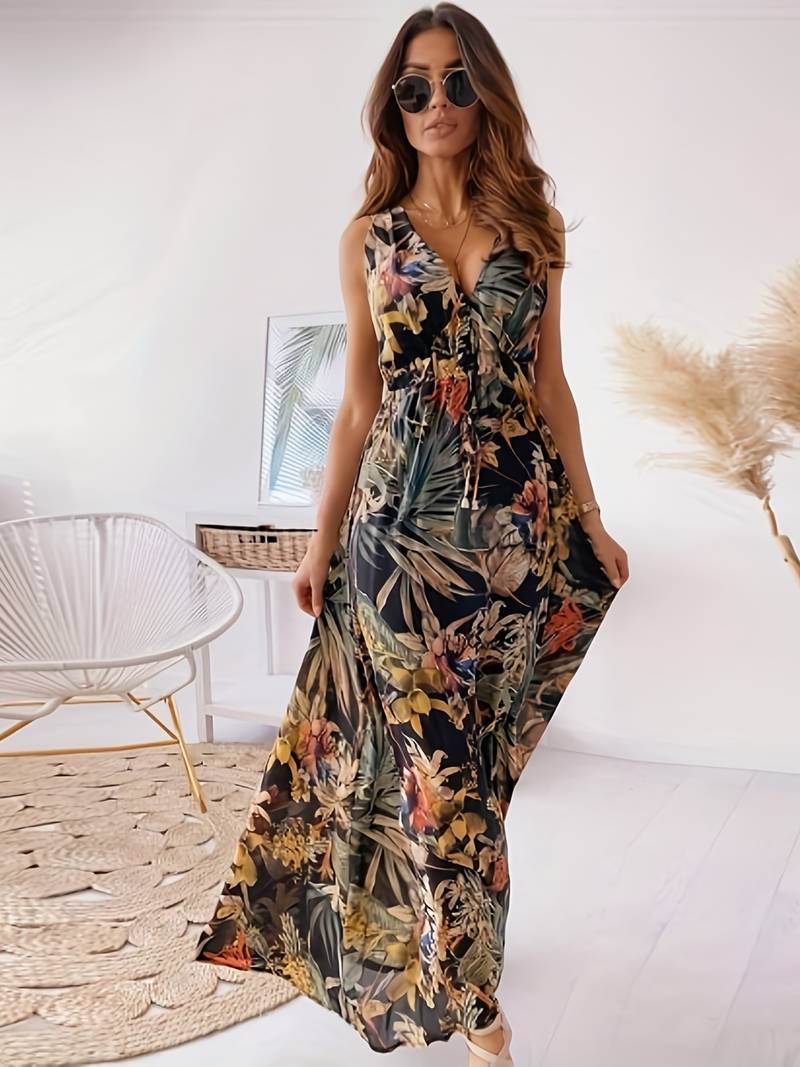 Abitha - Bohemian dress with cord and tropical print