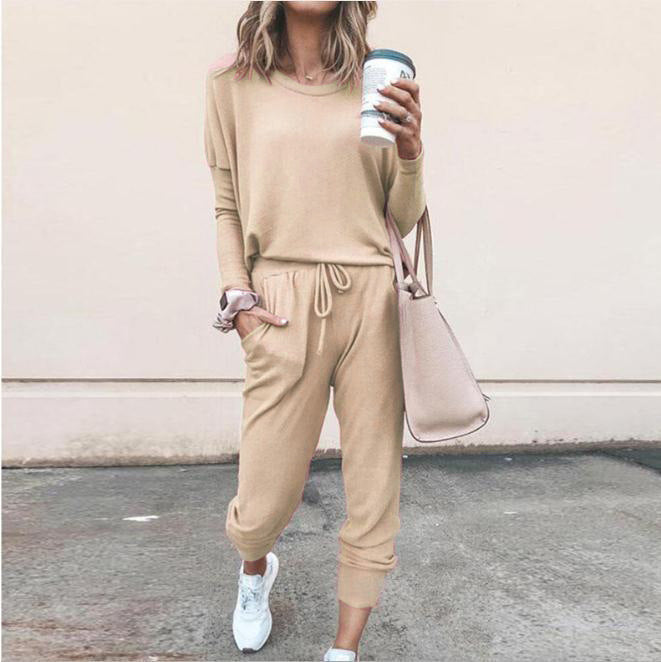 Casual Two-Piece Set for Women with Long Sleeves – Pullover Top and Drawstring Pants