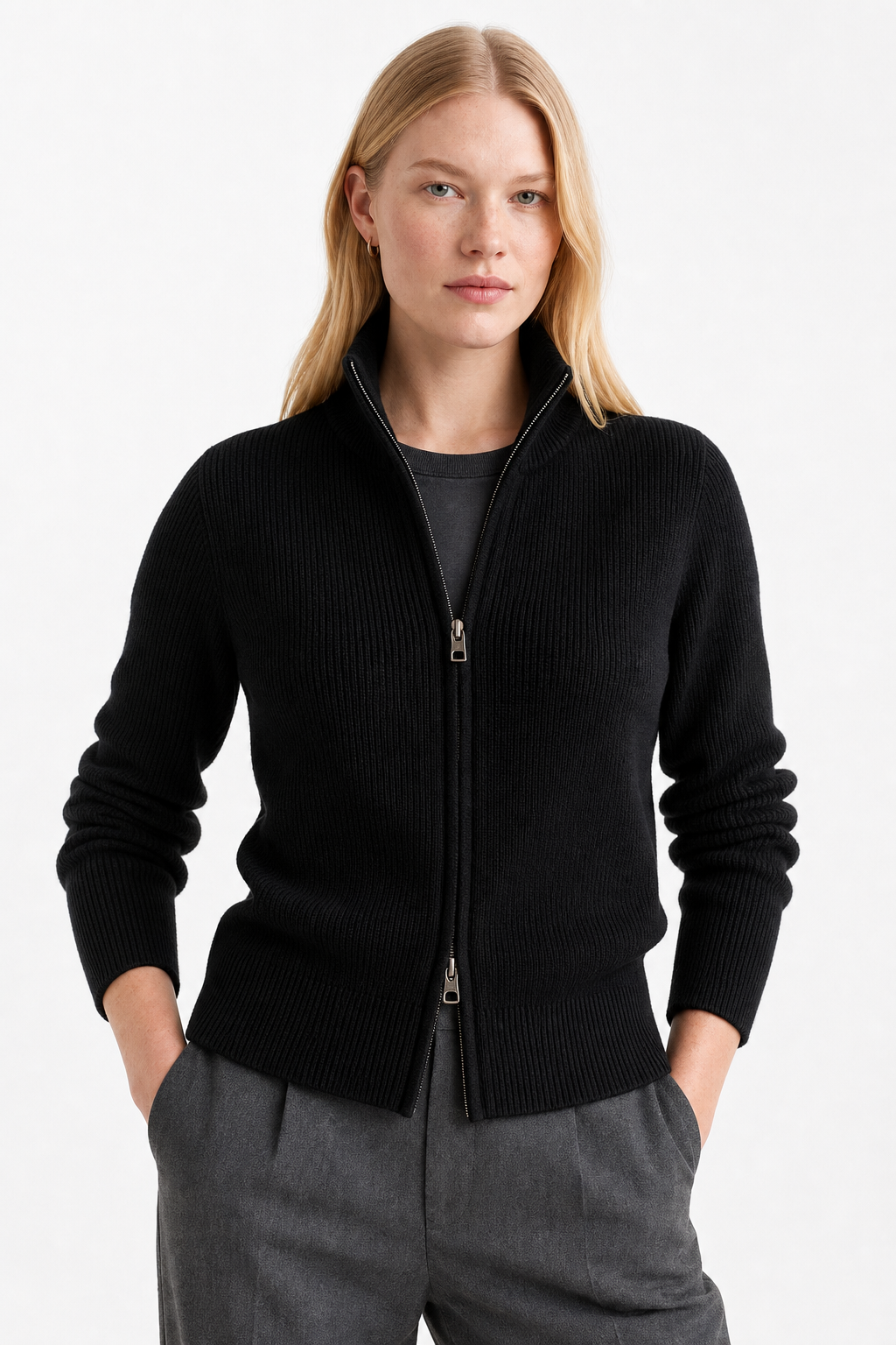 Ladies Wool Zip Vest – Knitted Cardigan with High Collar