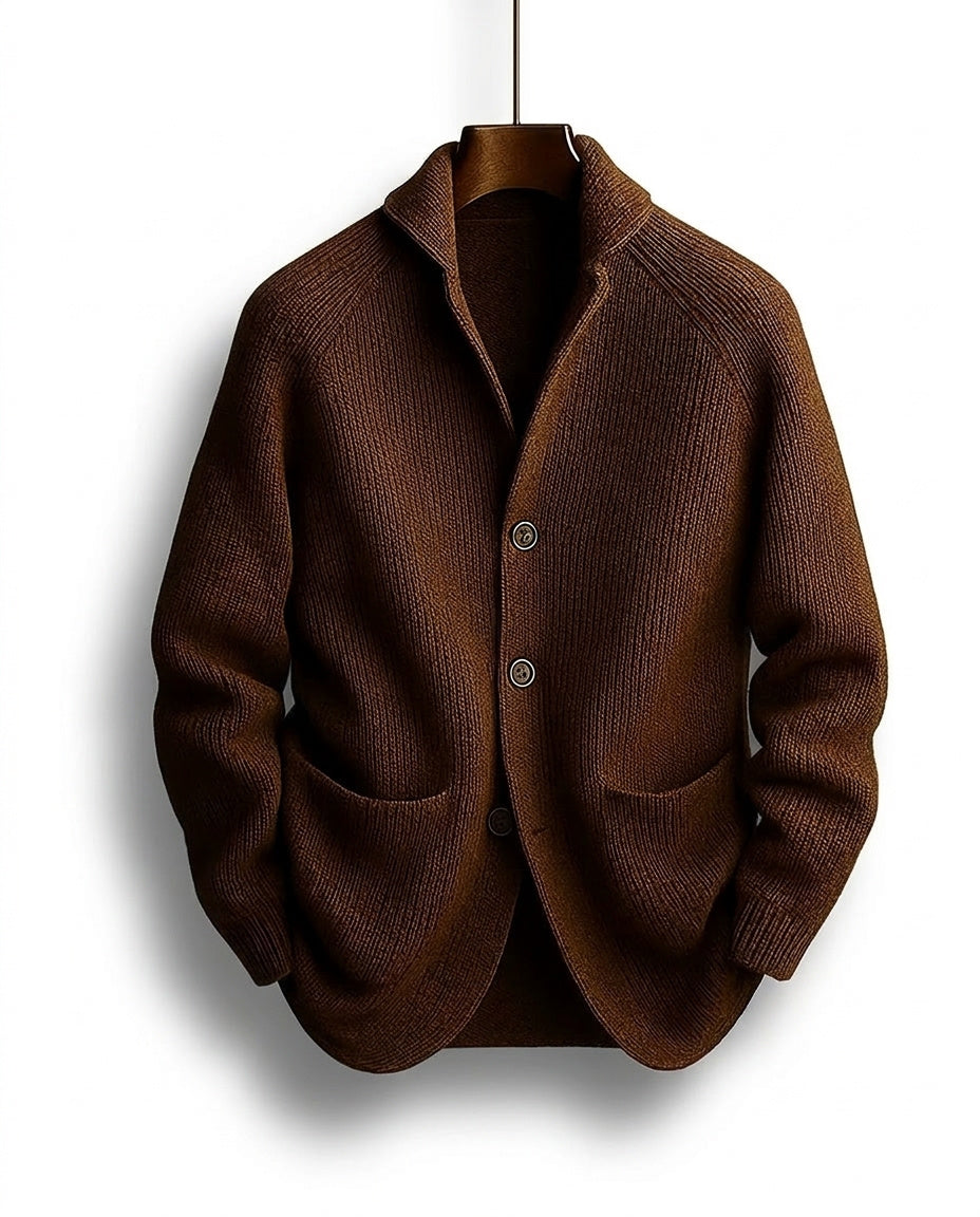 Men's ribbed knit cardigan with shawl collar and buttons - Elena Harper