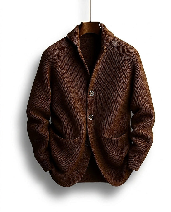 Men's ribbed knit cardigan with shawl collar and buttons - Elena Harper
